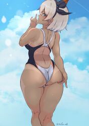 1girls ass backboob bea_(pokemon) blue_eyes breasts brown_skin bubble_butt competition_swimsuit dark-skinned_female dark_skin female grey_hair hi_res hips large_ass large_breasts light_skin nintendo nsfw_oa one-piece_swimsuit outdoors pokemon pokemon_ss ribbon ribbon_in_hair short_hair slim_waist swimsuit tan tanline tanlines thick_thighs thighs wide_hips