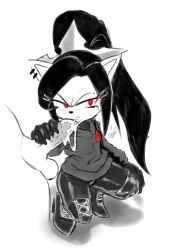 anthro black_and_white black_and_white_and_red crossover elbow_gloves fellatio flat_chest gloved_handjob glowing_eyes handjob human_on_anthro jacket jaynatorburudragon latex_gloves latex_thighhighs male_human/female_anthro male_on_anthro solo_focus sonic_(series) star_the_spineless_hedgehog thigh_boots unseen_male_face