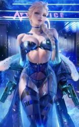 1girls absurd_res absurdres athletic athletic_female bare_shoulders blue_bra blue_clothes blue_clothing blue_coat blue_eyes blue_gloves blue_panties blue_thighhighs blue_underwear bra braided_ponytail breasts cd_projekt_red cleavage clothed clothed_female clothing corset cost crossover cybernetics cyberpunk cyberpunk:_edgerunners cyberpunk_2077 disney dual_wielding elsa_(frozen) female female_focus female_only fit fit_female frozen_(film) garter_straps gloves gun guns high_resolution highres hips holding_gun holding_pistol holding_weapon large_filesize light-skinned_female light_skin long_hair looking_at_viewer medium_breasts panties pistol platinum_blonde_hair red_lips red_lipstick sakimichan slim_girl slim_waist solo solo_female solo_focus standing stomach thighhighs thighs underwear very_high_resolution