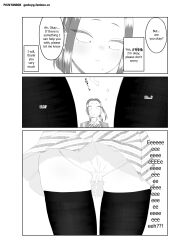 2girls after_sex after_vaginal black_socks cum cum_in_pussy cumdrip english_text felipe_godoy highres komi-san_wa_komyushou_desu komi_shouko monochrome onemine_nene socks thigh_socks thighhighs translated