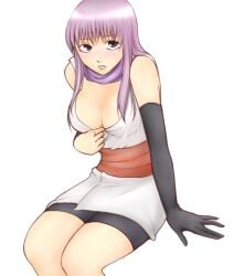 bike_shorts blush cleavage female female_only gintama glasses_removed japanese_clothes kunoichi lavender_hair long_hair medium_breasts no_bra purple_eyes purple_hair sarutobi_ayame scarf single_glove sitting solo