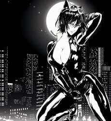 1girls artist_name big_breasts black_and_white black_bodysuit black_hair bodysuit breasts cat_ears catwoman_(cosplay) city cleavage dc dc_comics female female_only fubuki_(one-punch_man) googles human light-skinned_female looking_at_viewer monochrome moon night one-punch_man short_hair simpanji unzipped unzipped_bodysuit