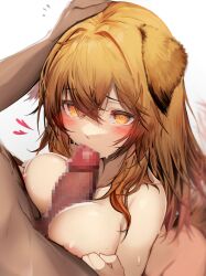 1boy 1girls absurdres animal_ears arknights big_breasts blowjob blowjob_face breasts busty censored ceobe_(arknights) cock_worship collarbone completely_nude dark-skinned_female dark_skin dog_ears dog_girl dog_tail female female_focus fluffy_ears giant_breasts hair_between_eyes hand_on_another's_head heart heart-shaped_pupils highres horny huge_breasts interracial just_the_tip large_breasts licking licking_penis licking_tip light-skinned_female light_skin long_hair looking_pleasured massive_breasts mosaic_censoring naughty_face nipples nude oral orange_eyes orange_hair orgasm orgasm_face paizuri penis petting_head pleasure_face seductive seductive_eyes seductive_gaze seductive_look seductive_mouth shy simple_background straight sweat symbol-shaped_pupils tab_head tail tongue tongue_out upper_body white_background yellow_eyes