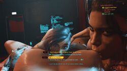 3d 3girls bifrost3d cyberpunk_2077 dialogue english_text eye_contact female_pov gameplay_mechanics judy_alvarez panam_palmer pov text threesome v_(cyberpunk_2077) valerie_(cyberpunk_2077) yuri