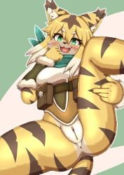 absurd_res anthro anus black_body blush clothing felid female fur furry furry_only genitals gesture green_eyes hi_res komenuka_inaho mammal middle_finger pussy smile solo spread_legs spreading tagme tail white_body