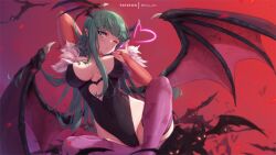 big_breasts capcom clothing darkstalkers green_eyes green_hair medium_breasts mitsu_art morrigan_aensland stockings succubus vampire vampire_hunter vampire_savior wings wink