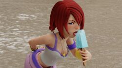 1girls 3d angry beach blender blue_eyes blush cum cum_in_mouth female female_only ice_cream kairi kingdom_hearts nipple_slip nipples red_hair ripped_clothing roseza solo square_enix sweat sweatdrop tongue_out