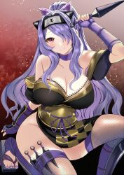 1girls alternate_costume alternate_hairstyle armor bare_shoulders blush breasts camilla_(fire_emblem) camilla_(ninja)_(fire_emblem) cleavage closed_mouth female female_only fire_emblem fire_emblem_fates fire_emblem_heroes fishnets gloves hair_ornament hair_over_one_eye highres holding japanese_clothes kimono kunai large_breasts long_hair looking_at_viewer ninja nintendo official_alternate_costume official_alternate_hairstyle ponytail purple_eyes purple_hair scarf short_kimono simple_background smile solo tara_(szzj7733) thighhighs tiara very_long_hair wavy_hair weapon