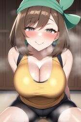 1girls ai_generated alternate_eye_color bandana bike_shorts blush breasts brown_hair cleavage female game_freak grin hips huge_breasts indoors large_breasts light-skinned_female light_skin looking_at_viewer may_(pokemon) may_(pokemon_emerald) medium_hair nai_diffusion nintendo pokemon pokemon_rse short_shorts shorts slim_waist stable_diffusion steam steaming_body sweat sweaty_body tank_top thick_thighs thighs wide_hips