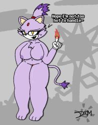 anthro big_breasts blaze_the_cat breasts dialogue dimsun domestic_cat felid feline felis female mammal nude sega simple_background smug solo sonic_(series) sonic_the_hedgehog_(series) thick_thighs