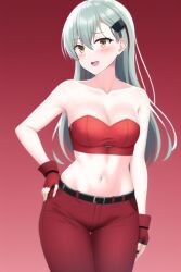 ai_generated bare_shoulders belt fingerless_gloves green_hair hand_on_hip hand_on_thigh kantai_collection looking_at_viewer midriff nai_diffusion orange_eyes red_fingerless_gloves red_pants smile stable_diffusion strapless suzuya_(kantai_collection)