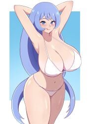 1girls armpits arms_up bikini blue_eyes blue_hair breasts cleavage female female_only hi_res hips huge_breasts light-skinned_female light_skin long_hair my_hero_academia nejire_hado sleeptopi thick_thighs thighs white_bikini wide_hips