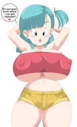 blue_hair bulma_briefs dragon_ball dragon_ball_(classic) dragon_ball_z erect_nipples erect_nipples_under_clothes huge_breasts jean_shorts teenage_bulma teenage_girl teenager toshiso