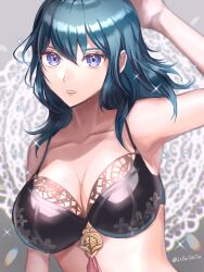 1girls arm_up armpits bangs black_bra blue_eyes blue_hair bra breasts byleth_(fire_emblem) byleth_(fire_emblem)_(female) cleavage collarbone commentary english_commentary female female_only female_protagonist fire_emblem fire_emblem:_three_houses hair_between_eyes highres large_breasts lingerie long_hair looking_at_viewer medium_hair nintendo solo teal_hair twitter_username underwear youhei_choregi