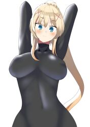 1girls absurdres arms_behind_head arms_up bangs big_breasts black_bodysuit black_gloves blonde_hair blue_eyes blush bodysuit bondage braid breasts closed_mouth covered_navel covered_nipples darkness_(konosuba) gloves hair_between_eyes hair_ornament high_ponytail highres kono_subarashii_sekai_ni_shukufuku_wo! large_breasts long_hair looking_at_viewer open_mouth shiny shiny_hair shita_(yagisauce_07) simple_background solo teardrop tongue upper_body very_long_hair white_background wide_hips x_hair_ornament