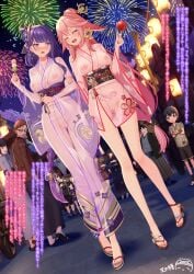 2girls :d aerial_fireworks animal_ears bangs blush braid braided_ponytail breasts closed_eyes collarbone crowd dutch_angle exhibitionism feet female fireworks flower food fox_ears genshin_impact hair_between_eyes hair_ornament hairpin hand_on_another's_arm hands_up highres holding holding_food japanese_clothes kimono legs light-skinned_female light_skin long_hair looking_at_another medium_breasts mole mole_under_eye multiple_girls nail_polish night night_sky nipples no_bra no_panties obi open_mouth pink_hair ppshex pubic_tattoo public_indecency purple_eyes purple_flower purple_hair purple_nails pussy raiden_shogun ribbon-trimmed_legwear ribbon_trim sandals sash see-through_clothing see-through_kimono sky smile standing summer_festival tassel tattoo thighhighs toenail_polish toenails toes translation_request very_long_hair walking white_thighhighs wide_sleeves yae_miko zouri