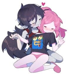 2girls adventure_time bite biting blush crush cute ear_bite ear_biting female marceline no_pants panties pink_body pink_hair pink_skin princess_bubblegum tagme yuri