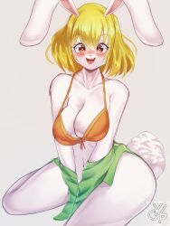 2022 5_fingers anthro arm_under_breasts ass belly_button big_breasts blonde_hair bra breasts carrot_(one_piece) dat_ass eyelashes eyelashes_visible_through_hair female female_only furry furry_female furry_only hair happy klopsiak lagomorph lagomorph_humanoid looking_at_viewer mammal mammal_humanoid naked nipples no_humans one_piece open_mouth rabbit rabbit_humanoid red_eyes red_nose shirt_down short_hair solo solo_female tail teeth thick_ass thick_thighs tongue white_body white_fur white_skin