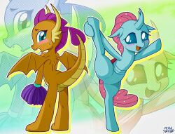 blue_eyes blush changeling cheerleader clothing dragon female friendship_is_magic high_resolution large_filesize looking_back my_little_pony ocellus_(mlp) open_mouth smolder_(mlp) sportswear spread_legs spreading sweat tail tongue uniform uotapo very_high_resolution wings