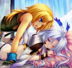 2boys blonde_hair blue_eyes feminine_male final_fantasy final_fantasy_ix gloves kuja long_hair lying_down lying_on_stomach male male_only minatosaiga silver_hair yaoi zidane_tribal