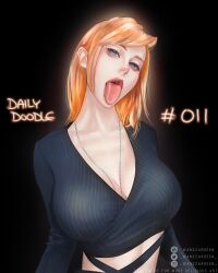 1girls ahe_gao big_breasts black_background breasts cleavage clothing colored_hair covered_breasts cute fanart female female_only fully_clothed head_tilt jenna_lynn_meowri jewelry light-skinned_female looking_at_viewer meowri necklace open_mouth orange_hair original pale_skin perky_breasts real_person red_hair seductive_gaze seductive_mouth sensual solo solo_female solo_focus thick_lips tongue tongue_out wandzardeen