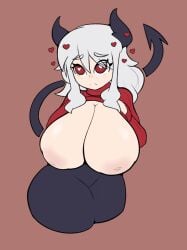 25circle big_breasts breasts demon heart heart-shaped_pupils helltaker horns modeus_(helltaker) nipples red_eyes shirt_lift shirt_up tail turtleneck white_hair