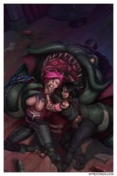 1boy 2d 2girls arcane assistant assisted_vore breasts clothing forced human imminent_vore league_of_legends monster nipples nyte pink_hair sevika tagme tahm_kench vi vore yuri