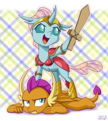 2girls anthro armor blue_eyes blue_fur blue_horn changeling dragon eyelashes fangs female friendship_is_magic furry high_resolution horn looking_back mammal multiple_girls my_little_pony ocellus_(mlp) open_mouth orange_fur orange_wings signature smolder_(mlp) tail teeth tongue uotapo wings yellow_horn