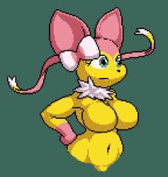 1girls big_breasts breasts chest_tuft eyelashes fan_character hand_on_hip hips hourglass_figure hybrid isagoodfriend jolteon looking_forward navel neck_tuft nippleless no_nipples oc pixel_art pokemon pokemon_(species) ribbon solo sylveon three-quarter_view tummy vertical_navel volt_(isagoodfriend) yellow_skin