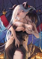 1girls 2girls albion_(azur_lane) albion_(silvermoon_faerie_princess)_(azur_lane) azur_lane bangs bare_shoulders big_breasts bite_mark bite_mark_on_neck blue_eyes blush blush_lines blushing_at_viewer breast_grab breasts chains clothing_cutout curvy curvy_body curvy_female curvy_females curvy_figure curvy_hips dress female female_focus female_only grabbing grabbing_from_behind halloween hi_res high_resolution highres horns jack-o'-lantern large_breasts lesbian lesbians light-skinned_female light_skin long_hair looking_at_viewer manjuu_(azur_lane) multiple_girls neck oerba_yun_fang official_alternate_costume only_female pointy_ears pumpkin reach_around red_eyes revealing_clothes royal_fortune_(azur_lane) royal_fortune_(treats_from_the_deep)_(azur_lane) royal_navy_(azur_lane) sweat sweatdrop sweaty tears tempesta_(azur_lane) tongue tongue_out turbulence underboob very_long_hair white_hair wings yuri