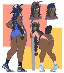 1boy animal_humanoid anthro ass balls braided_hair brown_body brown_hair brown_skin canid canid_humanoid canine canine_humanoid clothed clothing dark-skinned_femboy dark_skin femboy genitals green_eyes hair hat headgear headwear hi_res humanoid leaning leaning_forward looking_at_viewer looking_back male mammal mammal_humanoid mitarashi penis skimpy solo standing tanuki_humanoid