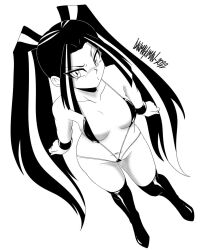 1girls aria_blaze black_and_white breasts danmakuman equestria_girls female female_only friendship_is_magic hasbro knee_boots looking_at_viewer medium_breasts monochrome my_little_pony scowl sling_bikini solo solo_female twintails