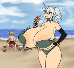 1girls alternate_version_at_source big_ass breast_expansion breasts_bigger_than_head breasts_bigger_than_torso clothed clothing crab enormous_breasts female_only gigantic_breasts gloves huge_breasts hyper hyper_breasts ice_cream kandakatou katoukanda long_hair male_focus massive_breasts merlyn_(kandakatou) mostly_nude original_character solo thick_thighs torn_clothes torn_clothing wardrobe_malfunction