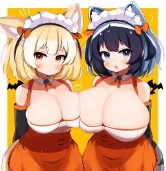 2girls ? absurdres animal_ear_fluff animal_ears bangs bat_(animal) black_hair blonde_hair blue_eyes blush bow breast_press breasts cleavage common_raccoon_(kemono_friends) detached_collar detached_sleeves extra_ears fennec_(kemono_friends) fox_ears fox_tail grey_hair hairbow halloween heart highres huge_breasts kemono_friends kemono_friends_3 large_breasts looking_at_viewer maid_headdress mihihusuzu multicolored_background multicolored_hair multiple_girls neck_ribbon oerba_yun_fang open_mouth orange_background orange_bow orange_eyes orange_skirt raccoon_ears raccoon_tail ribbon short_hair simple_background skin_fang skirt tail upper_body white_background