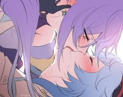 2girls bangs blue_hair blush closed_eyes earrings female female_only ganqing ganyu_(genshin_impact) genshin_impact gloves horns keqing_(genshin_impact) kissing long_hair negom purple_eyes purple_hair red_horns saliva sidelocks sweat tongue wholesome yuri