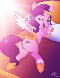 anus ass equid equine female genitals hair hasbro lennonblack looking_at_viewer looking_back looking_back_at_viewer mammal mlp_g5 my_little_pony one_eye_closed pegasus pipp_petals_(mlp) purple_hair pussy saddle wings wink