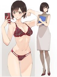 absurdres bangs bra breasts cellphone closed_mouth commentary female full_body high_heels highres lingerie medium_breasts mole mole_on_arm navel original panties pantyhose pen_guin15 phone red_bra red_panties short_hair smartphone smile standing swept_bangs teacher underwear