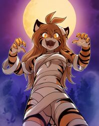 amber_eyes brown_hair flora_(twokinds) halloween halloween_costume long_hair mummy_costume mummy_wrappings small_breasts thin tiger_ears tiger_girl tiger_stripes tiger_tail tom_fischbach twokinds