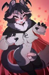 anthro balls blep blush bottomless cape clothed clothing colored_nails felid feline foreskin genitals girly hair halloween_costume hi_res lazysnout legwear looking_at_viewer male mammal multicolored_hair nails neck_tuft nonbinary penis solo thigh_highs tongue tongue_out tuft uncircumcised vampire_costume wide_hips