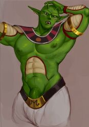 alien antennae balls bara blush dragon_ball dragon_ball_z ear_piercing gay green_body green_skin imlooking male male_only muscles muscular namekian nipple_piercing penis penis_peek piccolo piercing solo solo_male spiky_ears sweat