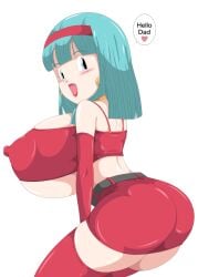 ass ass_in_dress belt blue_eyes blue_hair blush bra_(dragon_ball) bra_briefs breasts dragon_ball dragon_ball_gt dragon_ball_z earrings erect_nipples erect_nipples_under_clothes huge_breasts medium_hair miniskirt open_mouth toshiso