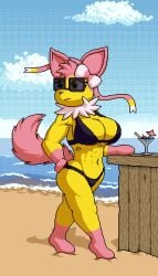 1girls abs anthro beach bikini cleavage clouds drink eeveelution eyelashes furry hand_on_hip hybrid isagoodfriend jolteon looking_away navel_line pixel_art pokémon_(species) pokemon ribbon sand side_view six_pack solo sunglasses sylveon thick_thighs tinted_eyewear volt_(isagoodfriend) water