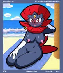 2022 absurd_res anthro areola beach bent_legs big_breasts blue_towel blush bodily_fluids breasts cleft_of_venus cloud cute_fangs digital_media_(artwork) ear_piercing ear_ring female forehead_gem generation_4_pokemon genital_fluids genitals hand_behind_head hand_on_leg hi_res japanese_text looking_at_viewer luna_(lunaris_parukia) lunaris_parukia navel nintendo nipples nude nude_beach on_towel open_mouth open_smile piercing pokemon pokemon_(species) pokemorph pose pussy pussy_juice red_eyes ring_piercing seaside sitting smile smiling_at_viewer solo text towel url video_games weavile yokozuwari