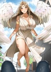 1boy 1girls armlet blonde_hair blue_eyes blue_sky blush breasts cleavage day dress earrings feathered_wings female forehead_jewel goddess highres huge_breasts jewelry light-skinned_female light_skin long_hair mature_female original original_character outdoors pov sakuranotomoruhie sky sleeveless smile solo_focus thighlet thighs white_dress white_wings wings