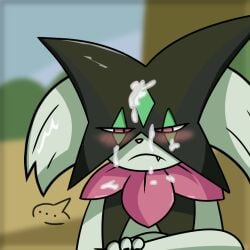 ambiguous_gender blurred_background blush crossed_arms cum_on_face embarrassed feline leaked_pokemon looking_annoyed meowscarada nintendo non-human pokemon pokemon_sv puffot toony