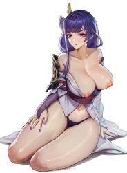 1girls absurd_res bangs bare_shoulders breasts breasts_out bridal_gauntlets collarbone female genshin_impact hair_ornament large_breasts long_hair looking_at_viewer nail_polish navel nipples open_clothes panties purple_eyes purple_hair purple_nails purple_panties raiden_shogun sayanestia sitting solo thighs underwear