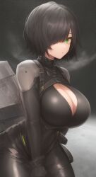 1girls ai_generated black_hair breasts cleavage ember_blaine_(oc) expressionless female green_eyes hair_over_one_eye huge_breasts original_character short_hair skin_tight space spacesuit stable_diffusion