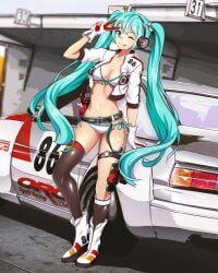 1girls bandage bandage_on_nose belt bikini blue_eyes blue_hair boots breasts car cropped_jacket drill funkygarage gloves hand_on_car hatsune_miku headphones jacket looking_at_viewer medium_breasts midriff navel one_eye_closed open_jacket race_queen screwdriver side-tie_bikini side-tie_swimsuit swimsuit thigh_strap thighhighs tools toyota toyota_corolla twintails vocaloid white_bikini white_jacket white_swimsuit wrench