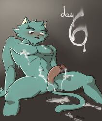 anthro bodily_fluids cum cum_on_body cum_on_ground domestic_cat duin000 felid feline felis genital_fluids hi_res looking_down male male_only mammal muscular muscular_male sitting_on_ground solo tired tongue tongue_out wet wet_body