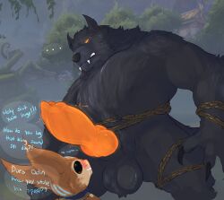 anthro balls big_balls big_penis black_body black_fur blush bodily_fluids brown_body brown_fur canid canine canis chains claws dialogue drooling duo fangs fenrir_(smite) fur genitals glowing glowing_eyes glowing_genitalia glowing_penis hi_res himerosthegod jungle knot magic male male/male mammal penis penis_admiration ratatoskr_(smite) rodent saliva sciurid size_difference throbbing_penis wolf